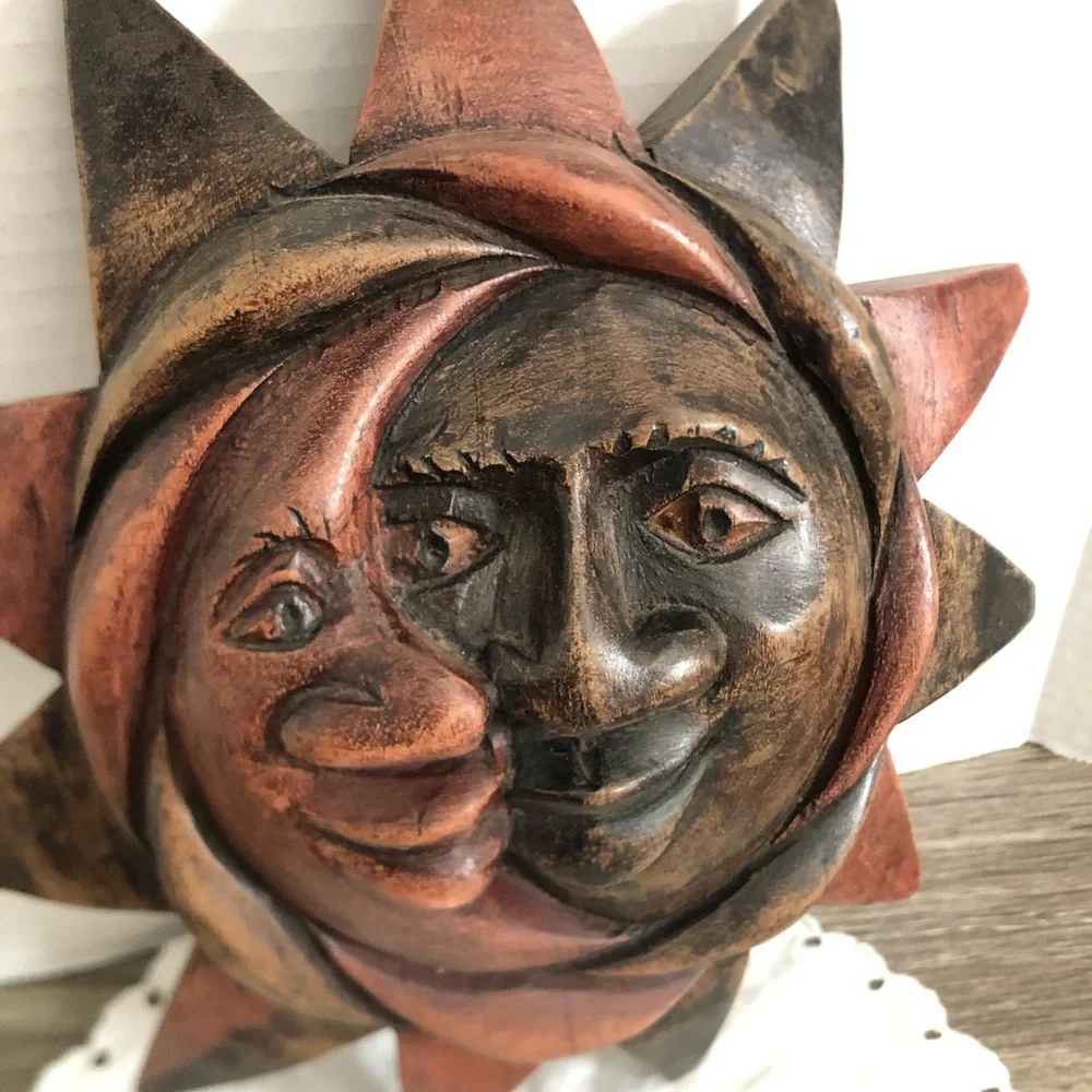Hand Carved Sun Moon Wood Wall Art - Picture 2 of 10